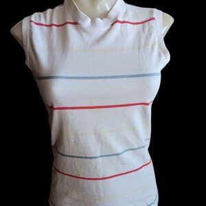Women's Large Vtg Single Stitch Sleeveless Stripe T-shirt Top Zipback Cotton